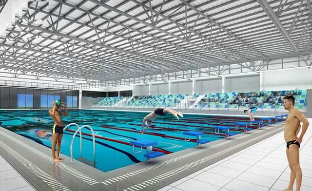 Bản vẽ mô phỏng 3D tổng thể hồ bơi thi đấu