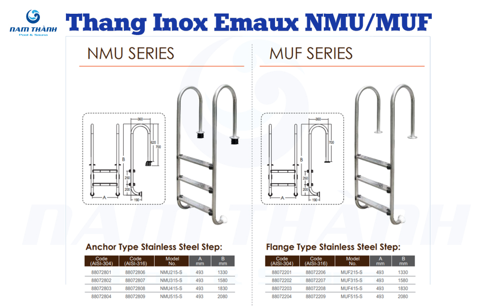 Thang lên xuống bể bơi inox Emaux NMU/MUF 3 thang hoboi emaux nmu muf 2